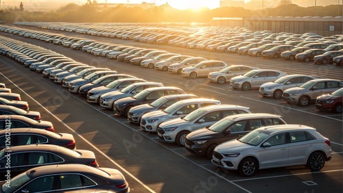 Massive Automobile Inventory Rows of New Cars at Sunset
