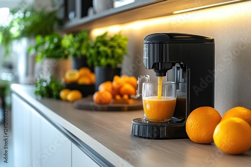 A sleek juicer extracts fresh orange juice into a glass in a bright kitchen, adorned with fresh oranges and greenery on the counter