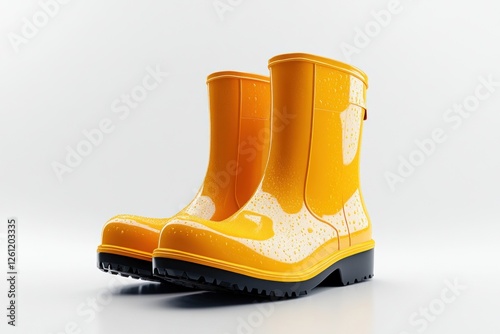 Bright yellow rain boots display water droplets on their surface, set against a clean white background, showcasing a playful and functional design photo