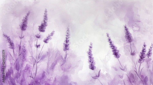 Lavender field watercolor painting, purple flowers, soft background, nature scene, design element photo