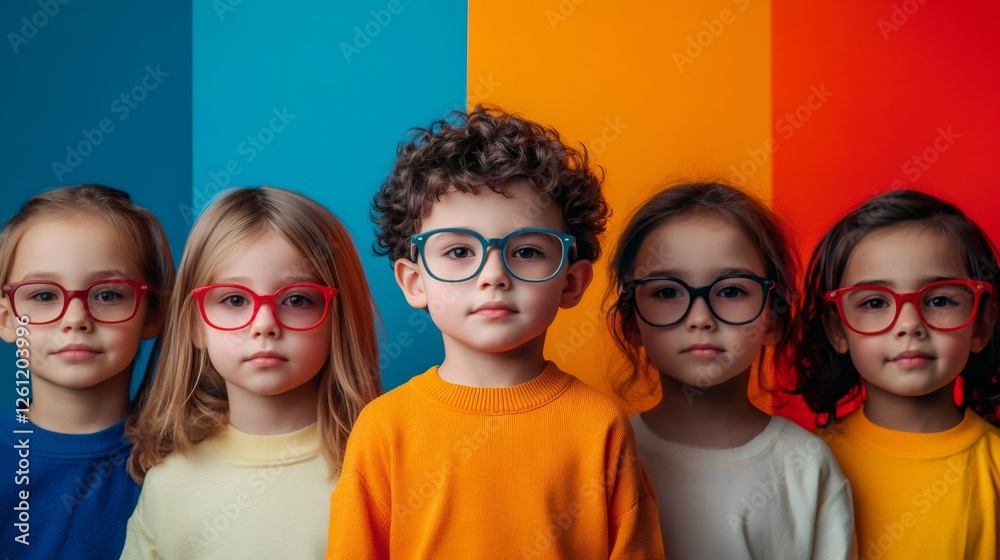 Obraz premium Five children wearing eyeglasses posing together on colorful background
