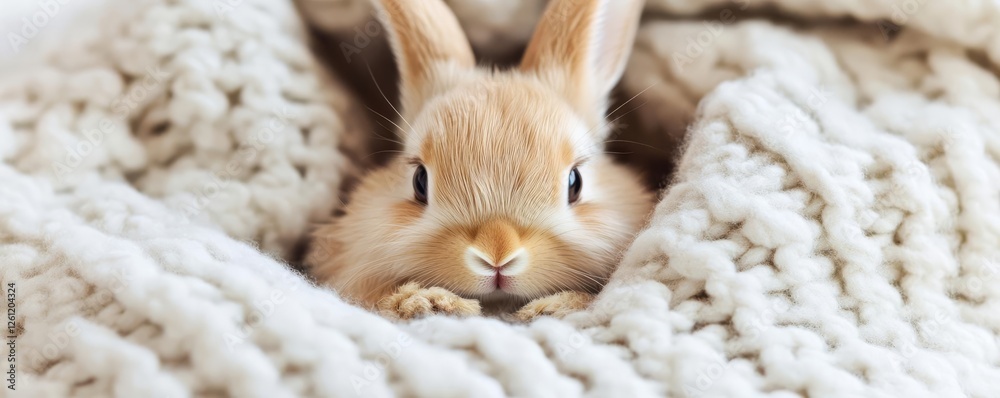 Soft close-up of a baby rabbit nestled in a cozy blanket Soft close-up of a baby rabbit nestled in a cozy blanket