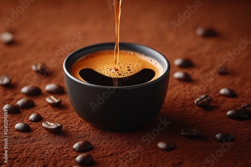Rich black liquid cascades into a cup of coffee, with roasted coffee beans scattered on a warm textured surface, creating an inviting atmosphere