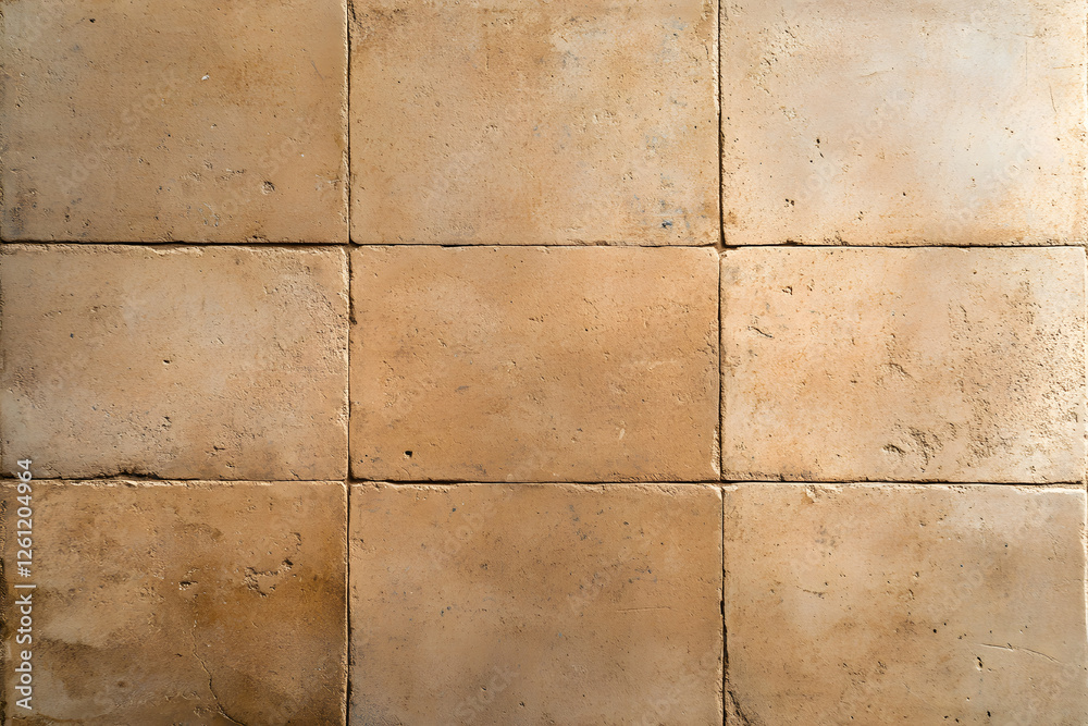 Fototapeta premium Earthy terracotta tiles form a rustic grid, showcasing warm tones and subtle textures. A visually appealing surface with a natural and artisanal feel.