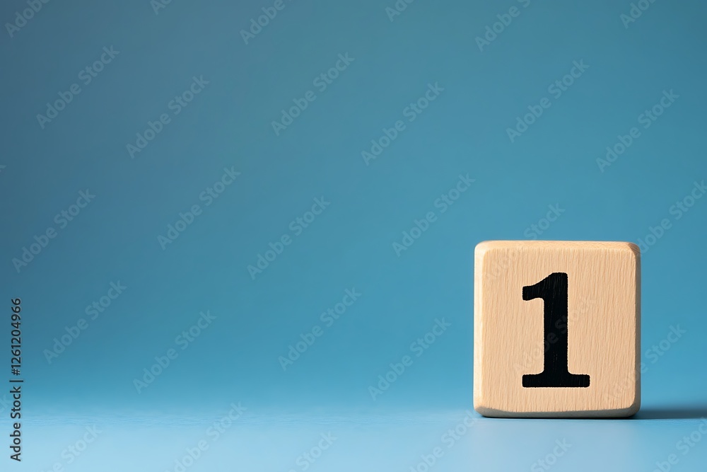 Wooden cube with number one on blue background