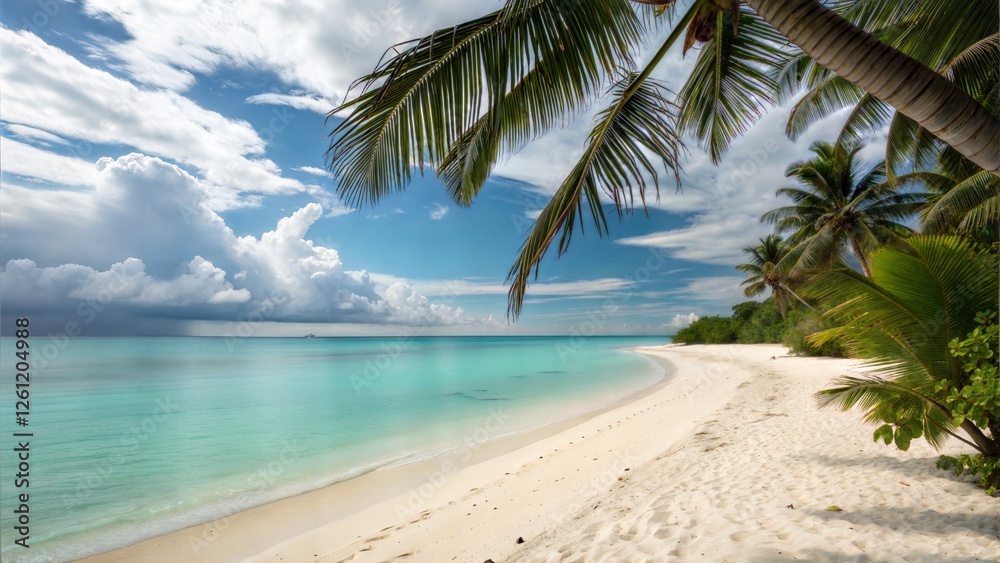 Obraz premium Tropical Paradise Idyllic Beach, Palm Trees, Azure Ocean, White Sand