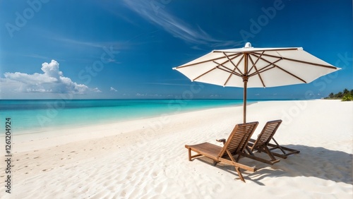 Fototapeta Naklejka Na Ścianę i Meble -  Tropical Beach Paradise White Sand, Azure Ocean, Relaxing Loungers