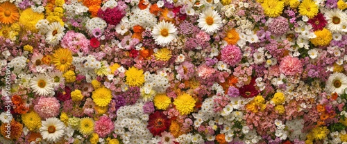 A vibrant profusion of colorful summer flowers blossoms