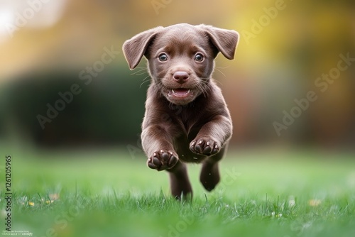 A playful puppy bounds through a vibrant green field under a bright sun, exuding joy and excitement in every leap and bound photo