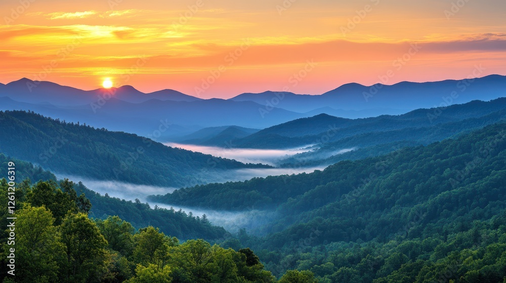 Fototapeta premium Sunrise over misty Appalachian mountains, scenic vista