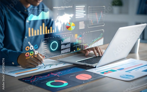 Data Analyst Using Laptop, Charts, Graphs, Business Intelligence