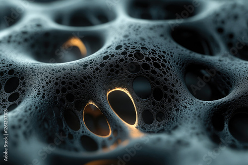 Abstract 3D render of a porous, cavernous structure with glowing inner light.