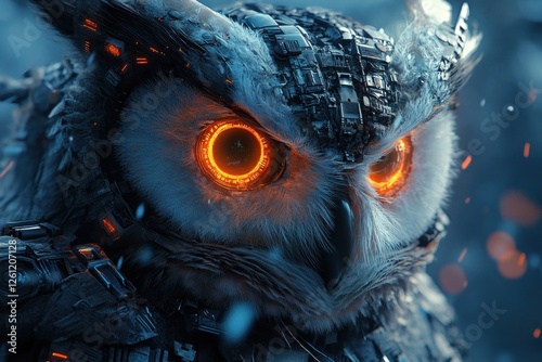 A majestic owl features glowing orange eyes, surrounded by a rich cyberpunk atmosphere filled with neon lights and futuristic elements photo