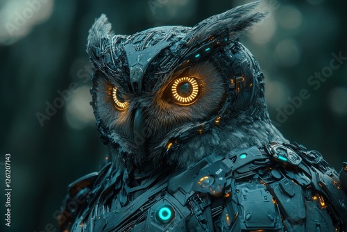 A high-tech owl blends mechanical details and glowing eyes against a blurred forest backdrop, merging nature with innovation