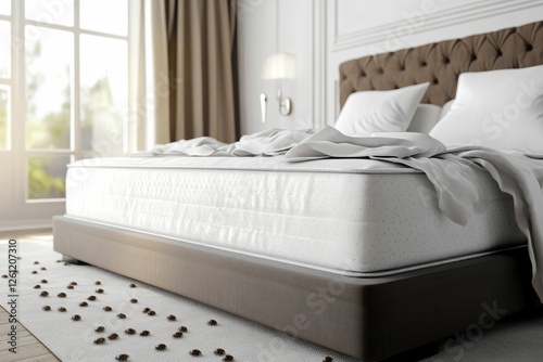 Bed bugs infest a luxurious bedroom's mattress.