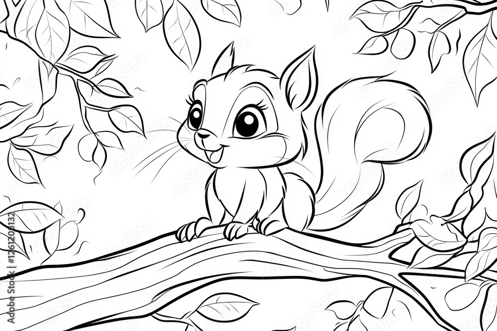 Fototapeta premium A charming baby squirrel with oversized eyes is perched on a tree branch amidst lush leaves, inviting creative coloring fun for kids