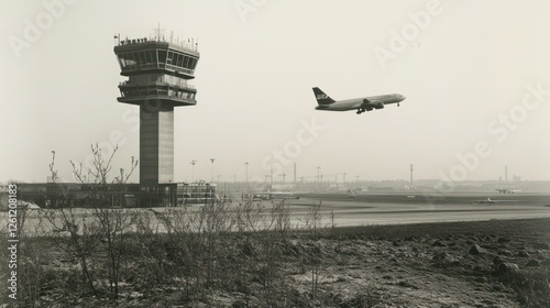 Airplane takeoff, control tower, airport, hazy day, travel