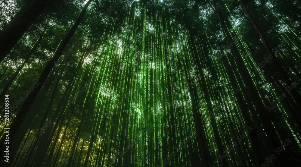 Green code descends like rain through towering trees, creating a vivid contrast with natural foliage during twilight hours Green code descends like rain through towering trees, creating a vivid contrast with natural foliage during twilight hours