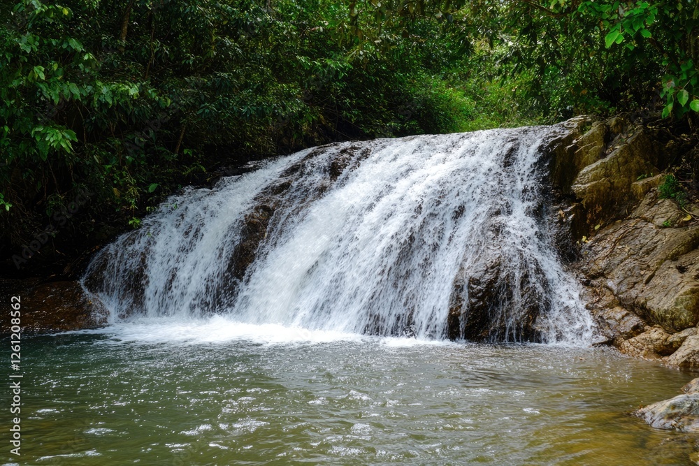 Stunning View of Ekom Waterfall Cascades in Cameroon, Embracing Nature's Beauty Amidst Lush Jungle Landscapes