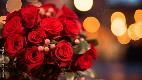 Gros plan sur un bouquet de roses rouges, fleurs blanches et feuilles. Macro, lumineux, coloré. Amour, Saint-Valentin, couple, romantique. Fond pour conception et création graphique.