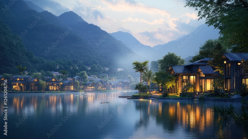 Fototapeta premium Serene mountain lake village at dusk