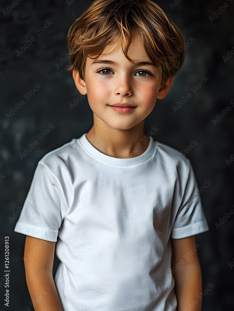Child wearing a plain white T-shirt in a stylish mockup setting. Generative AI. Child wearing a plain white T-shirt in a stylish mockup setting. Generative AI.
