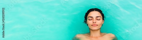 Woman floating in a turquoise sea, eyes closed, pure weightless relaxation