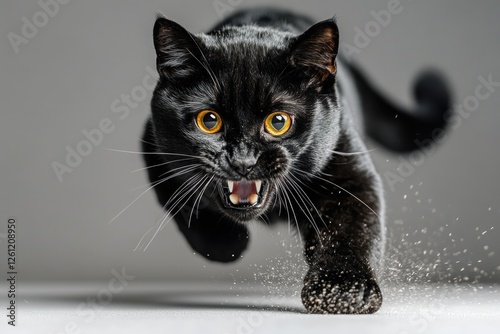 A large muscled black panther cat propels itself upwards, showcasing strength and agility in an intense display of hunting prowess photo