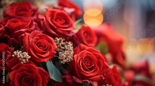 Gros plan sur un bouquet de roses rouges, fleurs blanches et feuilles. Macro, lumineux, coloré. Amour, Saint-Valentin, couple, romantique. Fond pour conception et création graphique.