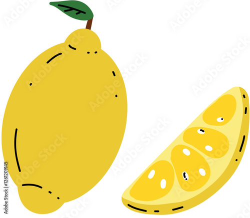 Ripe yellow lemons, whole and wedged on a plain white background, are a healthy fruit. Doodle sticker