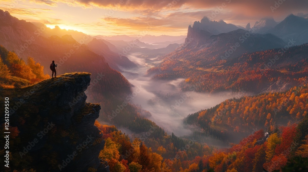 Fototapeta premium Sporty man on the mountain peak looking on mountain valley with low clouds at colorful sunset in autumn in Dolomites. Landscape with traveler, foggy hills, forest in fall, amazing sky at dusk in Alps