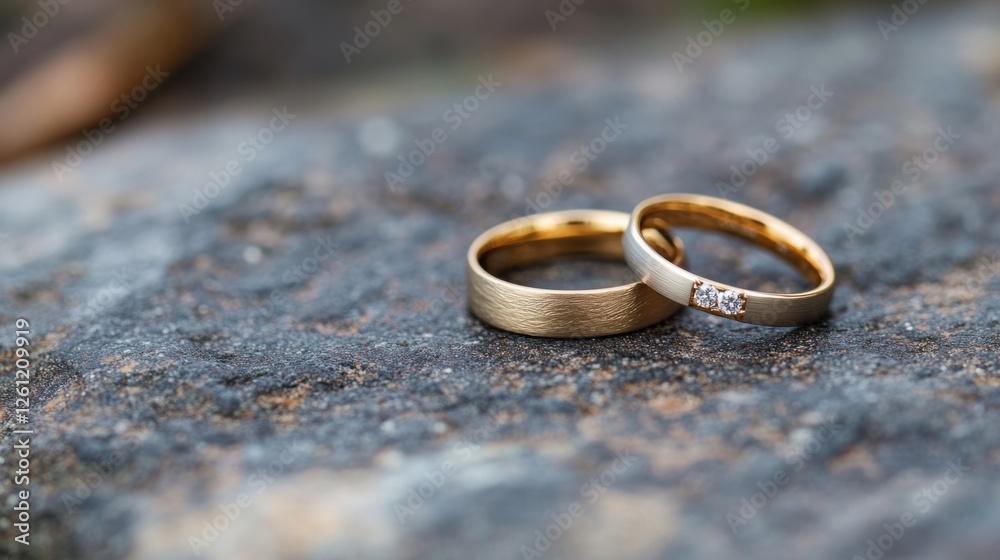 Wedding rings placed on a stone surface, highlighting their durability and timelessness Wedding rings placed on a stone surface, highlighting their durability and timelessness