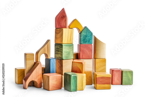 Colorful wooden building blocks arranged into a tower, encouraging children's creativity and fine motor skills during playtime
