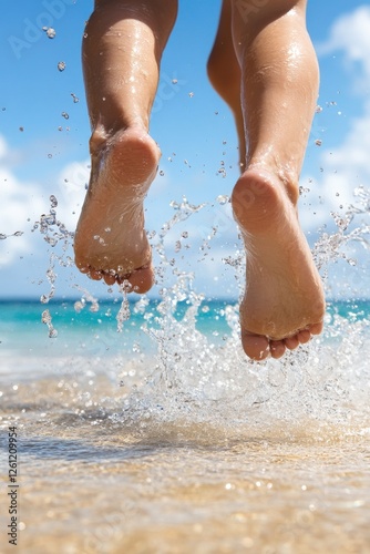 A close-up of kid feet splashing in shallow water, pure joy and movement captured, bright summer beach setting