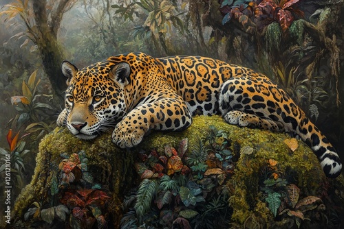 Jaguar resting rainforest rock foliage jungle wildlife