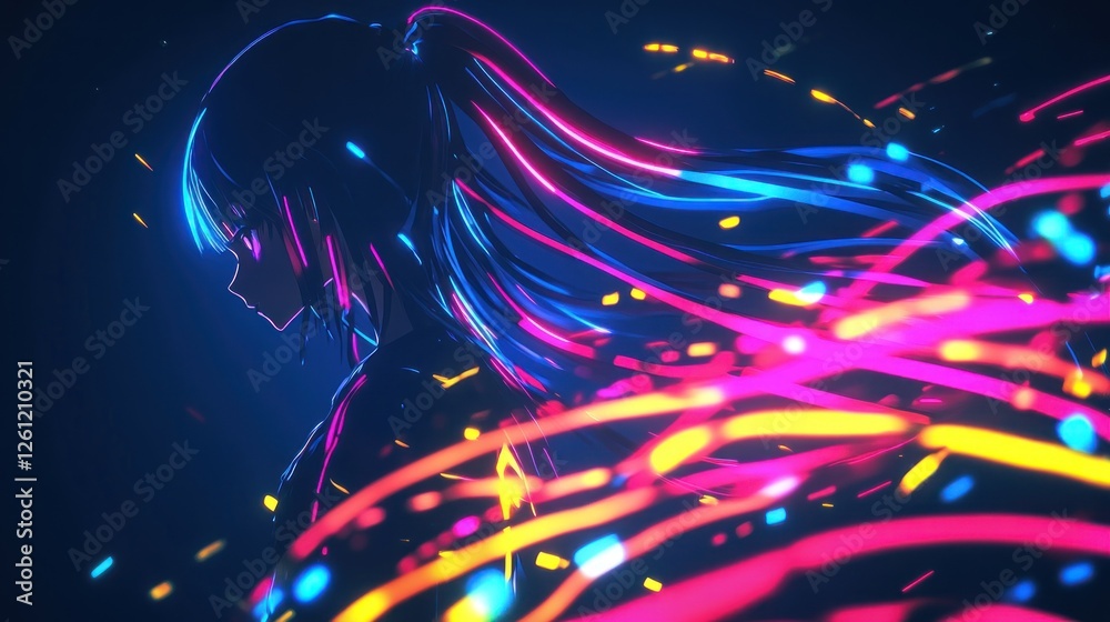 custom made wallpaper toronto digitalNeon girl, colorful trails, dark background, anime style, digital art