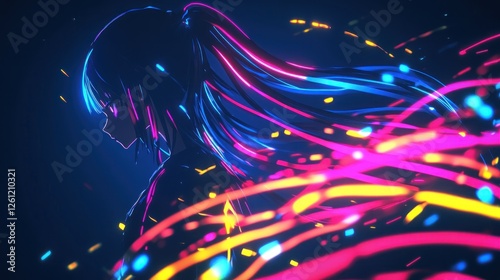 Neon girl, colorful trails, dark background, anime style, digital art