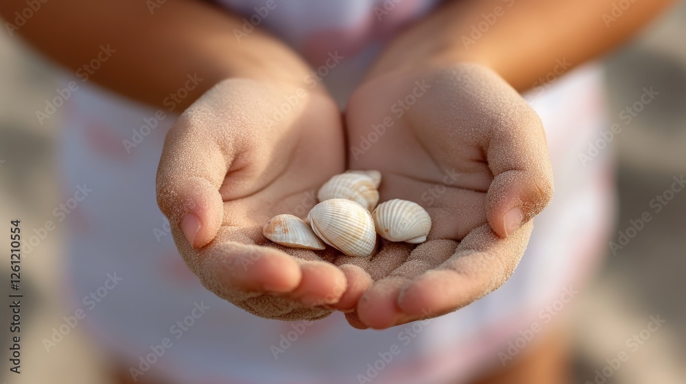 A close-up of kids sandy hands holding tiny seashells, beautiful textures and natural tones A close-up of kids sandy hands holding tiny seashells, beautiful textures and natural tones