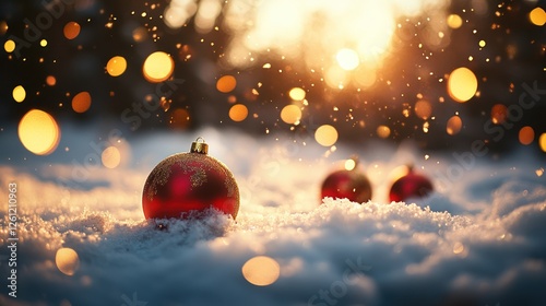 Festive Christmas ornaments in snow at sunset photo