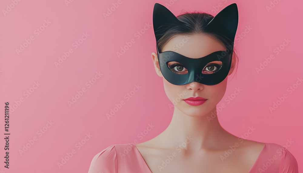 Quadrobica. Woman in a cat mask on a pink background Quadrobica. Woman in a cat mask on a pink background