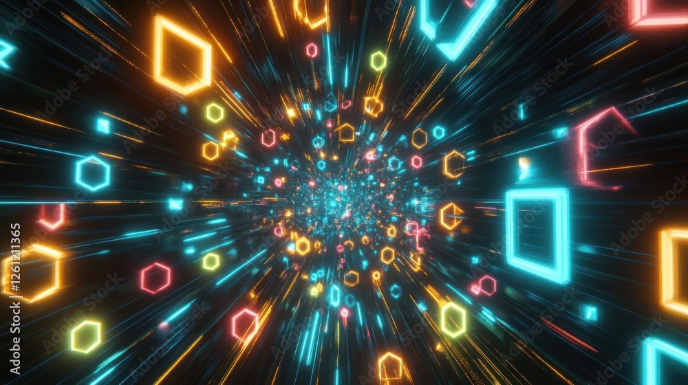 Fototapeta premium Neon shapes tunnel, light speed travel, abstract background, digital art