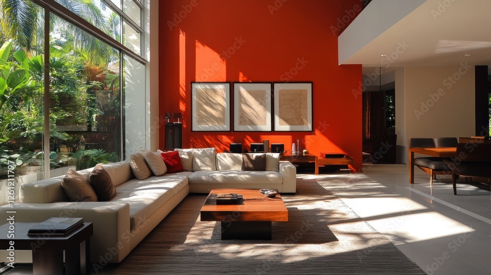 Fototapeta premium Sun-Drenched Modern Living Room Interior with Tropical Garden View