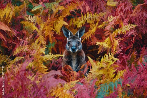 Charming Wallaby Amidst Vibrant Bracken Ferns in Tasmania's Scenic Wildlife photo