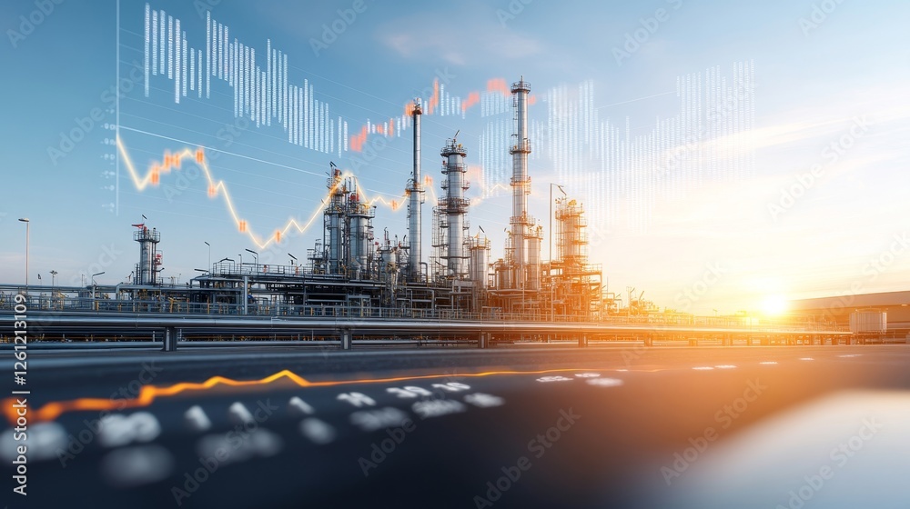 Fototapeta premium Industrial Oil Refinery with Data Graph Overlay in Sunset Light