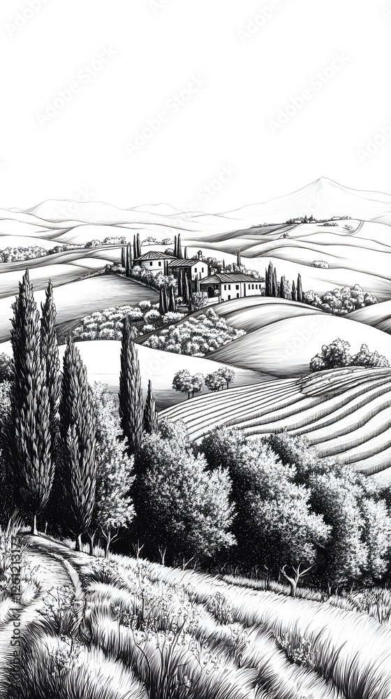 Fototapeta premium Black and white drawing of the landscape of Tuscany