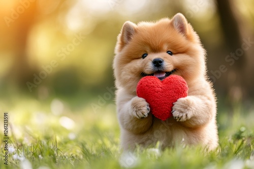 Cute chow hound with pet animal toy red heart on a walk in a spring green space. Marketing pet concept art graphic visual design. Chow - my cherished dog, symbol of friendship.