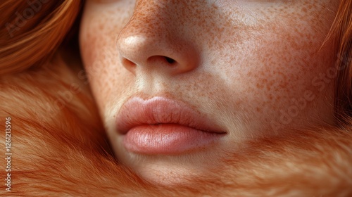 Closeup freckled woman's face with soft lips, faux fur, intimate portrait photo