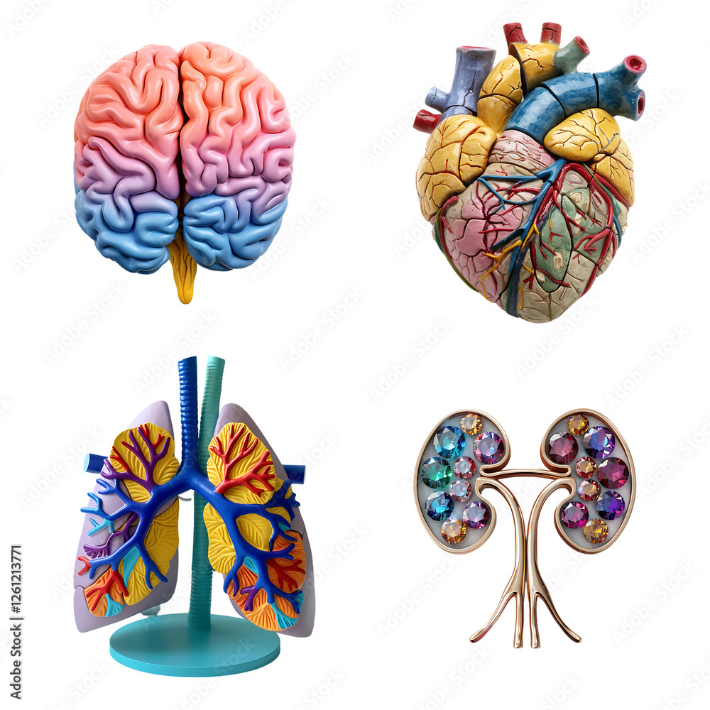 Naklejka premium Transparent Backdrop PNG Cutout of Anatomical Models of Human Heart, Brain, Lungs, and Kidneys