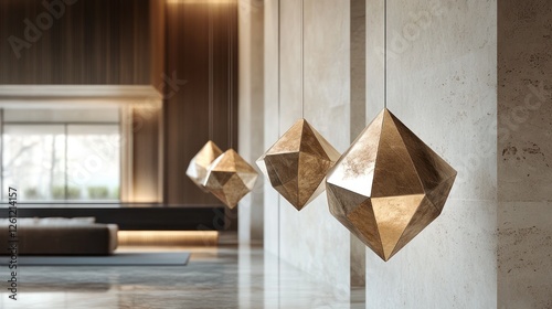 Modern lobby with hanging geometric brass lights, spacious interior photo