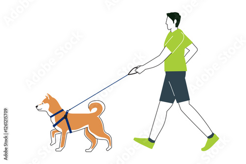 秋田犬、柴犬、犬の散歩、ウォーキングする男性のシンプルなイラスト　フラットデザイン　主線あり